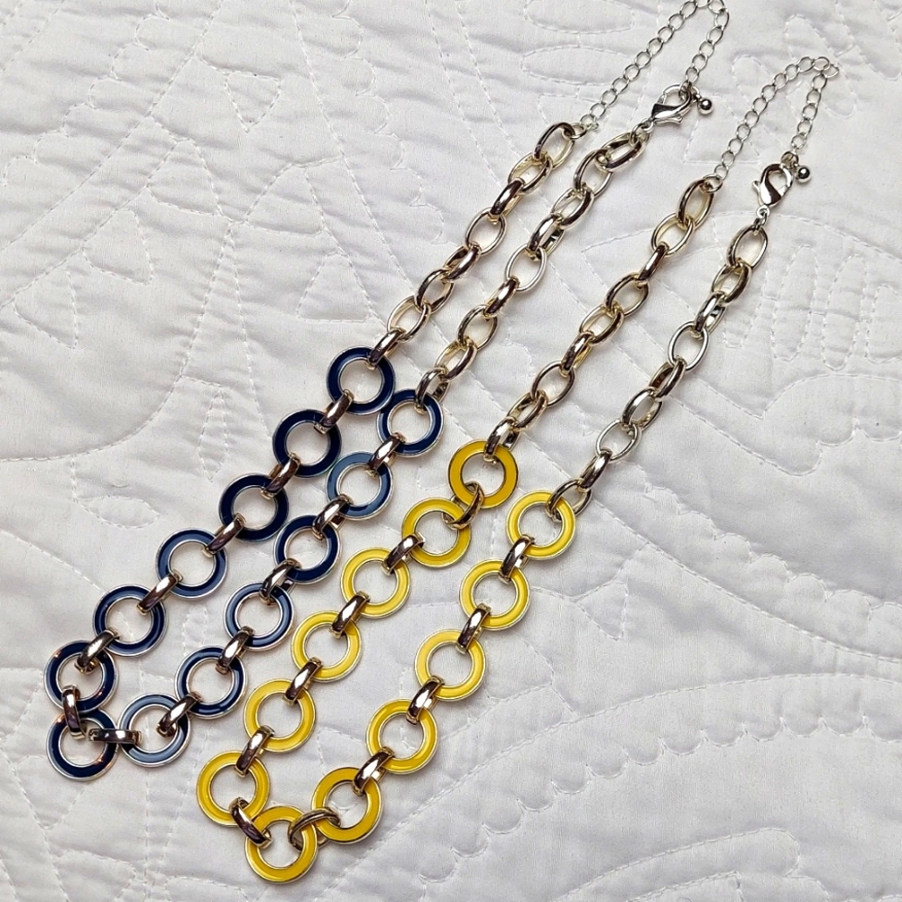 Two Bold Silver Linked Costume Retro Statement Necklaces, Adjustable, Like New